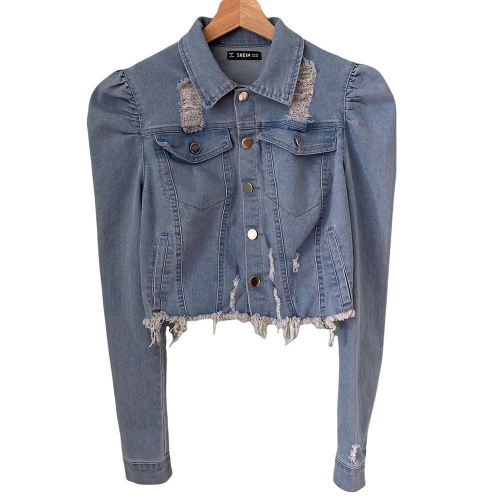 Shein Front Button Raw Hem Crop Denim Jacket in Size XS - Picture 9 of 11